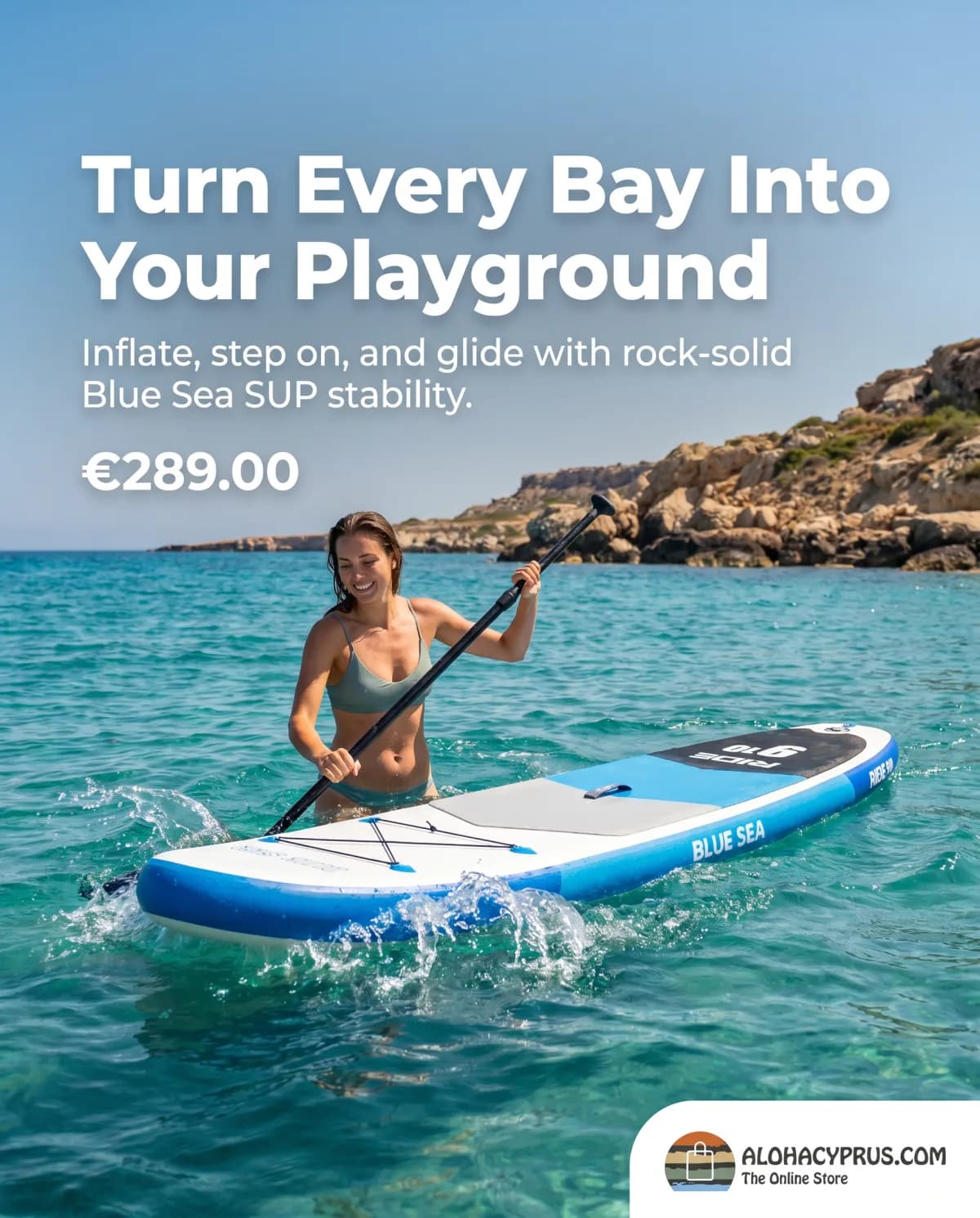 Static ad for an Aloha stand-up paddleboard created with PromoGoat Ad Maker