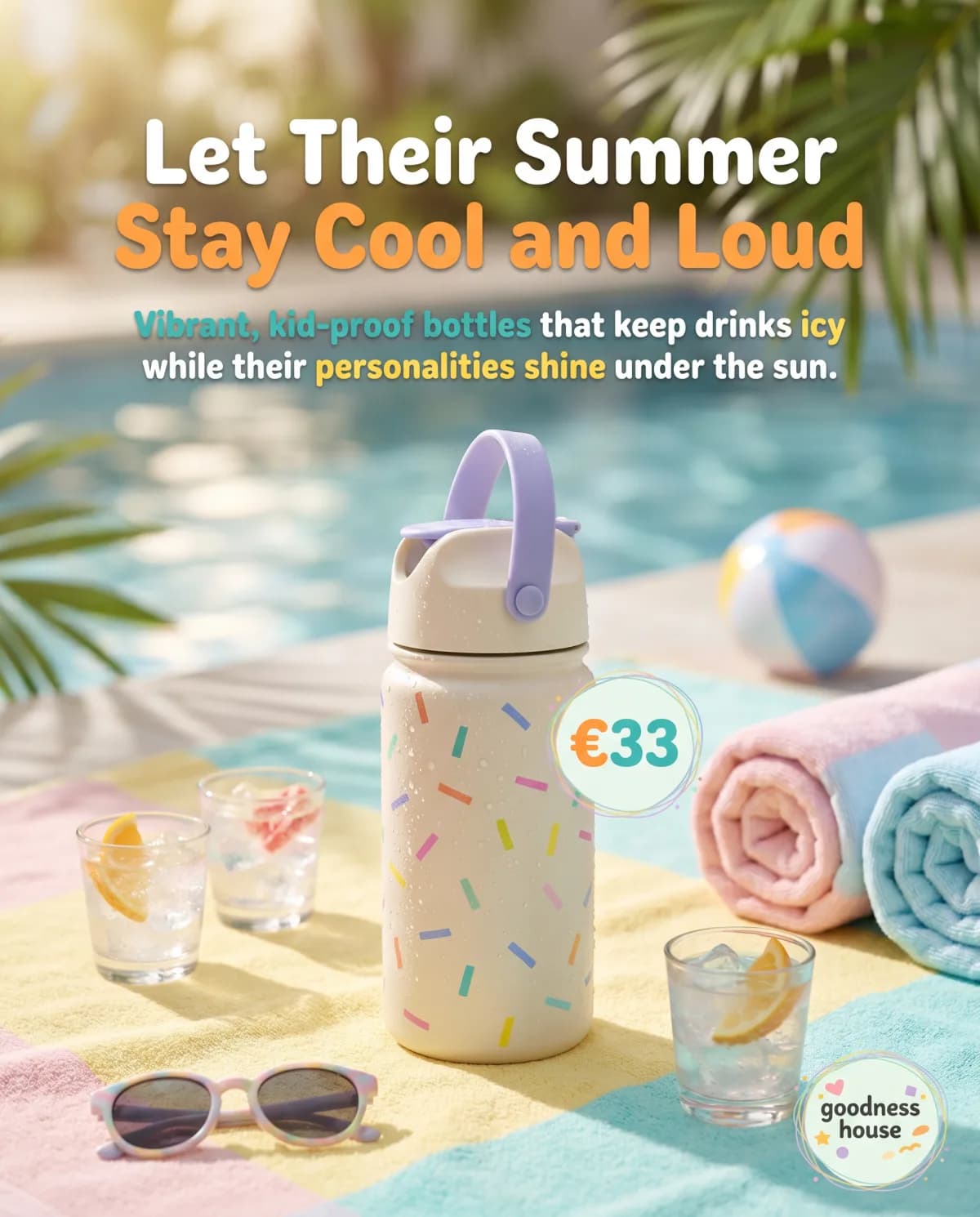 Static ad for a Goodness House water bottle created with PromoGoat Ad Maker