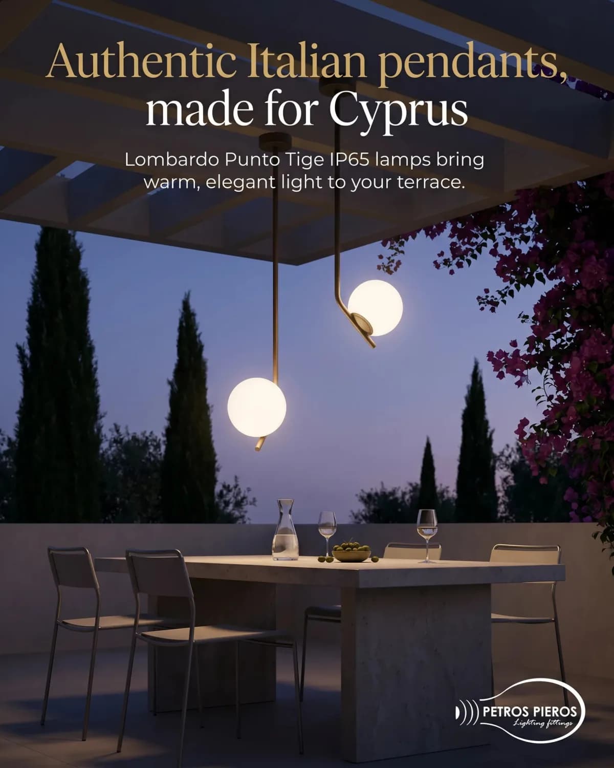 Static ad for Lombardo Punto Tige outdoor pendants by Petros Pieros Lighting, created with PromoGoat Ad Maker