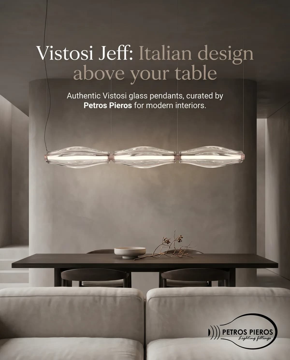 Static ad for the Vistosi Jeff glass pendant by Petros Pieros Lighting, created with PromoGoat Ad Maker